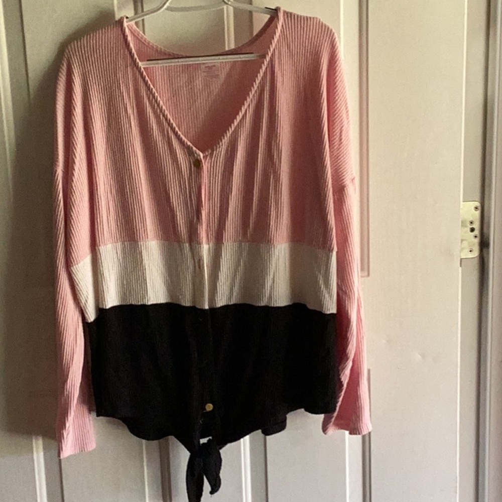 Colorblock V-Neck Sweater - Pink, White, and Black